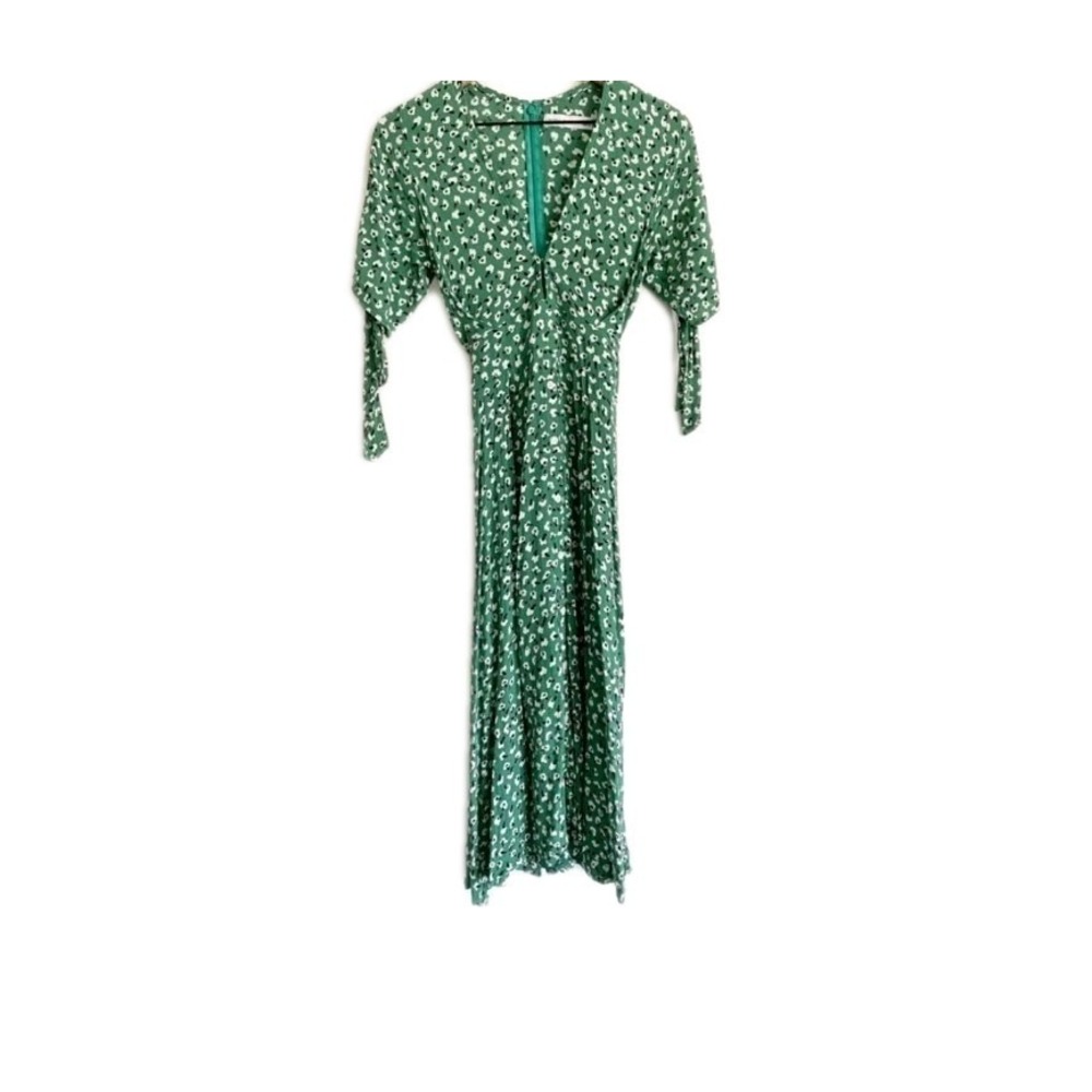 Faithfull The Brand Nina Midi Vintage Bloom Green Floral Tie Slit Dress Womens 6